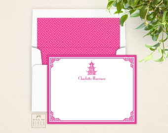 Chinoiserie Flat Notecard - Personalized Pink Chinese Pagoda Correspondence Card Stationery - Asian Inspired Design