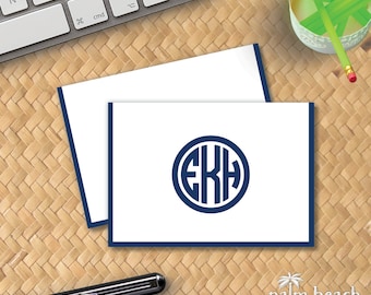 Perfect Circle Monogram Notecards - Preppy 3 Initial Folded Note Stationery - Personalized Foldover Note Card Stationary - Writing Paper Set