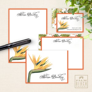May include: Set of four stationery note cards with a tropical bird design. The cards feature a white background with an orange border and a bird of paradise illustration. The cards are personalized with the name "Melissa Bradley" in a cursive font. The cards are packaged with a matching envelope.