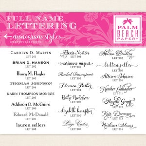 K&ouml;nnte beinhalten: Eine wei&szlig;e Karte mit einem rosa Blumengrund zeigt verschiedene Schriftarten f&uuml;r vollst&auml;ndige Namen. Der Text enth&auml;lt Namen wie Carolyn D. Martin und Alexis Norton, mit dem Palm Beach Papery-Logo oben rechts.