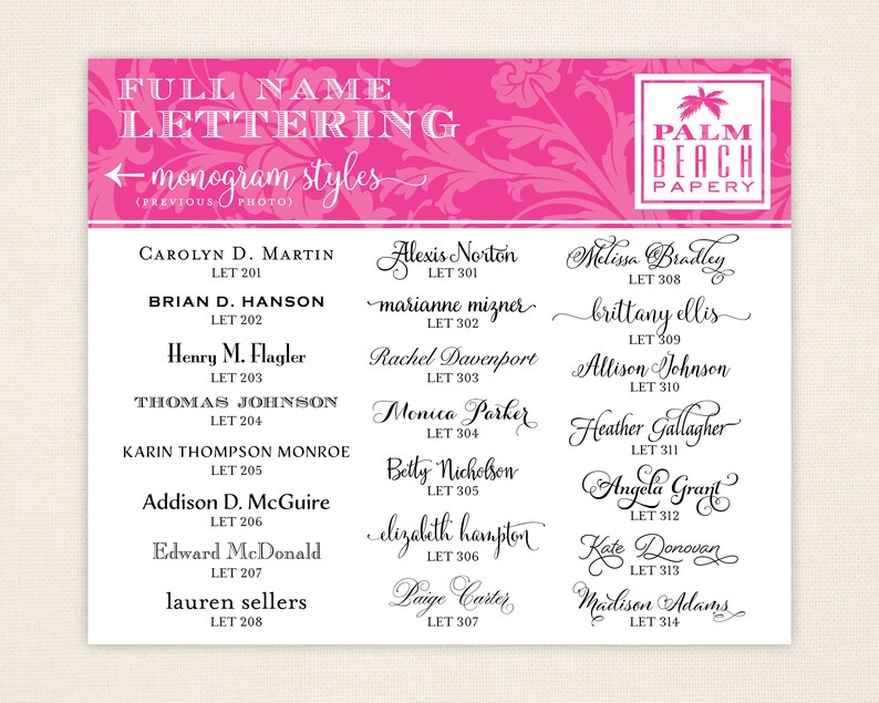 K&ouml;nnte beinhalten: Eine wei&szlig;e Karte mit einem rosa Blumengrund zeigt verschiedene Schriftarten f&uuml;r vollst&auml;ndige Namen. Der Text enth&auml;lt Namen wie Carolyn D. Martin und Alexis Norton, mit dem Palm Beach Papery-Logo oben rechts.