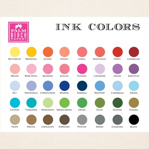 Puede incluir: Una tabla de colores de tinta con nombres para cada color. Los colores est&aacute;n dispuestos en filas y columnas, con los nombres de los colores enumerados debajo de cada muestra de color. La tabla est&aacute; titulada "INK COLORS" e incluye el logotipo de Palm Beach Papery.