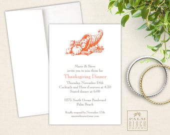 May include: Thanksgiving dinner invitation with a cornucopia illustration in orange and gray. The invitation includes the hosts' names, date, time, and location. It also includes a request to RSVP by November 17th.