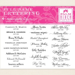Puede incluir: Un gr&aacute;fico rosa y blanco con el texto "FULL NAME LETTERING" y "monogram styles" en blanco. El gr&aacute;fico enumera varios nombres con estilos de letras correspondientes, numerados del 201 al 314. El gr&aacute;fico tambi&eacute;n incluye el texto "PALM BEACH PAPERY".