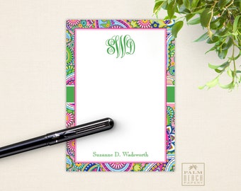 Hibiscus Paisley 5x7 Notepads - Monogrammed Pink & Green Paisley Memo Pads