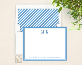 Whitehall Monogrammed Flat Notecards - Personalized Correspondence Card Stationery with Optional Return Address & Lined Envelopes