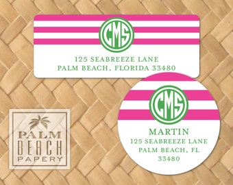 Beach Club - Striped Monogram Return Address Labels - 1" x 2.625" Rectangular or 1.5", 2", 2.5" or 3" Round - Personalized Envelope Seals