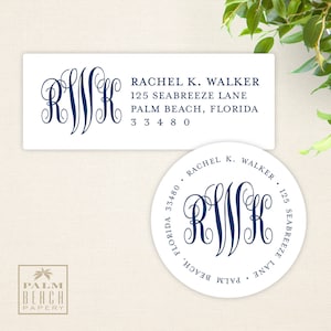 May include: A white rectangular return address label with a navy blue monogram "RWK" and the text "Rachel K. Walker, 125 Seabreeze Lane, Palm Beach, Florida 33480".