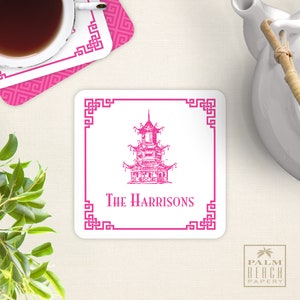 Chinoiserie Personalized Paper Coasters - Chinese Pagoda Disposable Drink Coasters - Monogrammed Asian / Oriental Home Decor - Hostess Gift