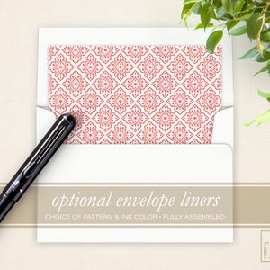 May include: White envelope with a red and white patterned liner. The text on the envelope reads "optional envelope liners choice of pattern & ink color - fully assembled".