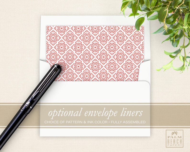 May include: White envelope with a red and white patterned liner. The text on the envelope reads "optional envelope liners choice of pattern & ink color - fully assembled".