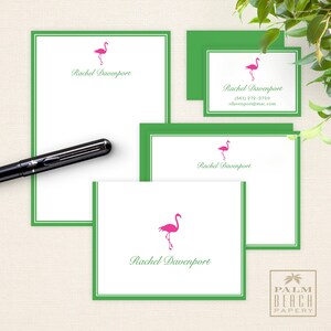 May include: Green and white stationery set with a pink flamingo design. The stationery includes note cards, envelopes, and a business card. The business card includes the name "Rachel Davenport" and contact information.