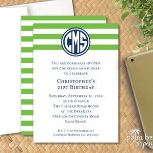 Beach Club Invitation - Circle Monogram Birthday Party Invitation - Preppy Stripe Baby Shower Invitation - Preppy Birth Announcement