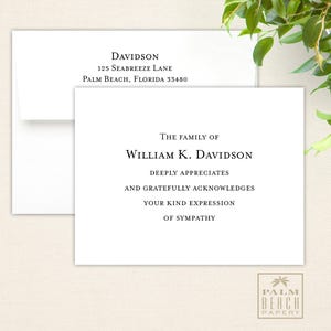May include: A white sympathy card with black text. The text reads "The family of William K. Davidson deeply appreciates and gratefully acknowledges your kind expression of sympathy".