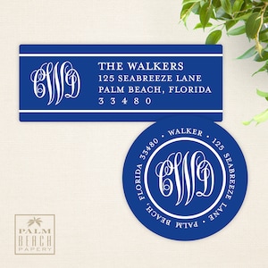 Worth Avenue - Monogram Return Address Labels - 1&quot; x 2.625&quot; Rectangular or 1.5&quot;, 2&quot;, 2.5&quot; or 3&quot; Round - Personalized Envelope Seals
