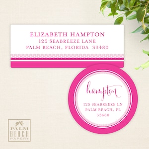 May include: Pink and white address labels with a decorative border. The label reads "ELIZABETH HAMPTON, 125 SEABREEZE LANE, PALM BEACH, FLORIDA 33480". A matching round sticker reads "hampton, 125 SEABREEZE LN, PALM BEACH, FL, 33480".