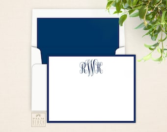 Classic Monogram Flat Notecards -  Personalized Correspondence Card Stationery with Traditional 3-Initial Script Monogram