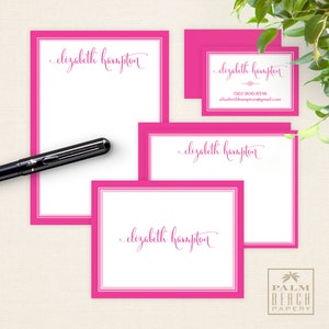 May include: Pink stationery set with a handwritten name "elizabeth hampton" on each card. The set includes a notecard, a flat card, and a business card.