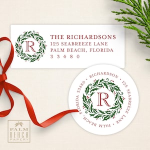 Holly Wreath Personalized Christmas Return Address Labels - 1" x 2.625" Rectangular or 1.5", 2", 2.5" or 3" Round - Custom Envelope Seals