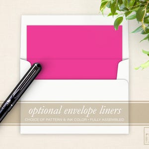 May include: A white envelope with a pink envelope liner. The text on the envelope reads "optional envelope liners CHOICE OF PATTERN & INK COLOR FULLY ASSEMBLED".