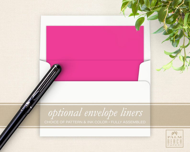 May include: A white envelope with a pink envelope liner. The text on the envelope reads "optional envelope liners CHOICE OF PATTERN & INK COLOR FULLY ASSEMBLED".