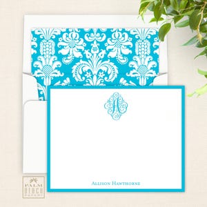 Seaspray Monogram Flat Notecards - Personalized Correspondence Card Stationery with Single Initial, Optional Return Address & Lined Envelope