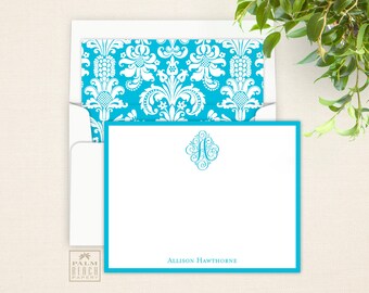 Seaspray Monogram Flat Notecards - Personalized Correspondence Card Stationery with Single Initial, Optional Return Address & Lined Envelope