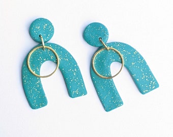 Sparkly Teal Clay Arch Post Statement Earrings with Gold Circle