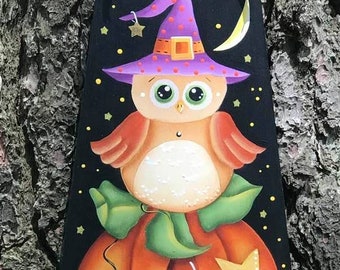 Owl, Halloween, Pumpkin, Halloween Decor, Fall Decor, Witch Hat, Owl Decor, Hand Painted, Wood Shake, Door Hanger, Door Knob Hanger