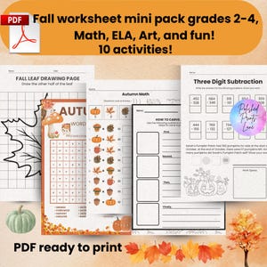 May include: A set of printable autumn-themed worksheets for grades 2-4, covering maths, English, and art. The worksheets feature fall leaves, pumpkins, and word puzzles. The PDF is ready to print.