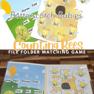 Puede incluir: Un juego de correspondencia de carpetas con temática de abejas. El juego incluye una escena de cielo azul y hierba verde con números y palabras. El juego también incluye una colmena amarilla con abejas numeradas del 1 al 10. El texto "Butterscotch Babies" y "Counting Bees" son visibles.