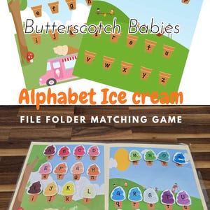 May include: A colorful educational game featuring alphabet ice cream cones. The game includes a pink ice cream truck, letters, and the text "Butterscotch Babies" and "Alphabet Ice cream". The game is designed for file folder matching.