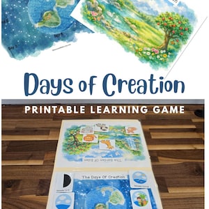 May include: A printable learning game titled "Days of Creation" featuring watercolor illustrations of the Earth, the Garden of Eden, and various biblical scenes. The game includes cards with related verses and images.