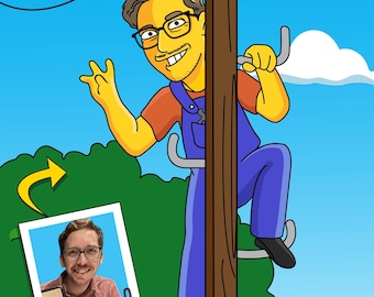 May include: A cartoon illustration of a person climbing a wooden utility pole with blue overalls and yellow skin. The person is wearing glasses and has a smile on their face. The pole has several crossbars with insulators and wires. There is a green bush in the foreground with a photo of a person in a white shirt and glasses.