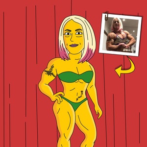 Female Bodybuilder Gift - Custom Portrait as Cartoon Character / fitness competition / figure competition bikini