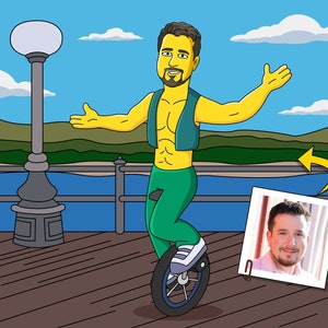 Unicyclist Gift - Custom Portrait from Photo as Yellow Character / Unicycle art