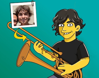 May include: A cartoon illustration of a person playing a yellow trombone. The person has black hair and is wearing a black shirt. The trombone is gold with a yellow bell.