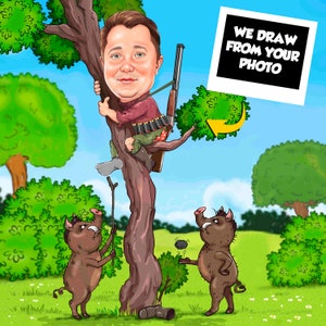 May include: A cartoon illustration of a person in a tree with a rifle, aiming at two wild boars on the ground. The text "WE DRAW FROM YOUR PHOTO" is on a white sign in the top right corner of the image.