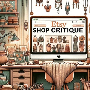 Puede incluir: Una pantalla de ordenador que muestra una tienda de Etsy con el texto "SHOP CRITIQUE" en la pantalla. El ordenador está sobre un escritorio de madera con una variedad de artículos, incluyendo plantas, cestas y materiales de arte. El tema general es un espacio de trabajo acogedor y creativo.