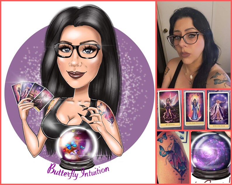 May include: A cartoon illustration of a woman with dark hair and glasses holding tarot cards and a crystal ball. The woman is wearing a black tank top and has a butterfly tattoo on her arm. The text "Butterfly Intuition" is written below the crystal ball.