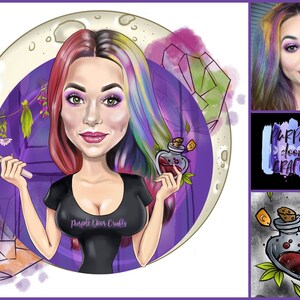 Puede incluir: Una ilustraci&oacute;n de dibujos animados de una mujer con cabello rosa y arco&iacute;ris sosteniendo una brocha de maquillaje y una botella de poci&oacute;n. El fondo es una luna blanca y morada con cristales y flores. El texto "Purple Door Crafts" es visible en la camisa de la mujer.