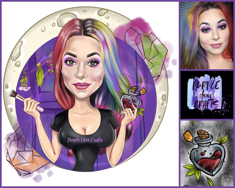 Puede incluir: Una ilustraci&oacute;n de dibujos animados de una mujer con cabello rosa y arco&iacute;ris sosteniendo una brocha de maquillaje y una botella de poci&oacute;n. El fondo es una luna blanca y morada con cristales y flores. El texto "Purple Door Crafts" es visible en la camisa de la mujer.