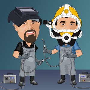 May include: Two cartoon characters wearing welding and diving helmets, holding welding torches and hoses. The characters are wearing grey overalls and black gloves. The background is a blue-green color.