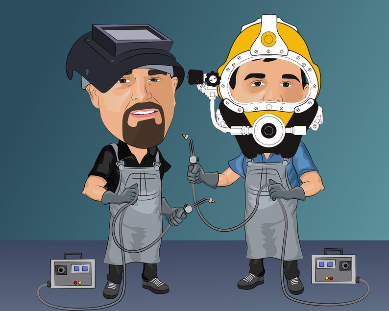 May include: Two cartoon characters wearing welding and diving helmets, holding welding torches and hoses. The characters are wearing grey overalls and black gloves. The background is a blue-green color.