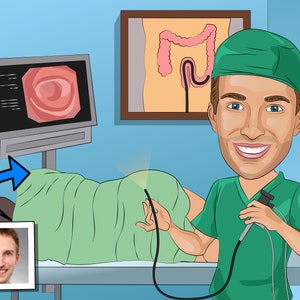 May include: A cartoon doctor wearing a green scrub top and hat is holding a colonoscopy tool. The doctor is smiling and looking at the camera. A monitor shows a close-up image of the inside of the colon. A patient is lying on a table covered in a green sheet.