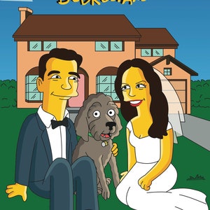 May include: A cartoon illustration of a couple in front of a house with the text "The Bedrosians" above them. The man is wearing a blue suit and a black bow tie. The woman is wearing a white wedding dress. A grey dog is sitting between them.