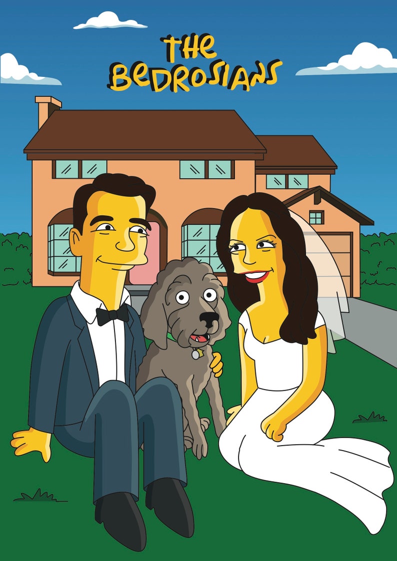 May include: A cartoon illustration of a couple in front of a house with the text "The Bedrosians" above them. The man is wearing a blue suit and a black bow tie. The woman is wearing a white wedding dress. A grey dog is sitting between them.