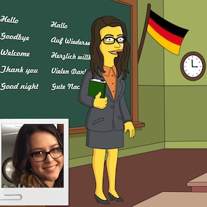 German Teacher Gift Custom Portrait as Yellow Cartoon Character / German professor gift image 1