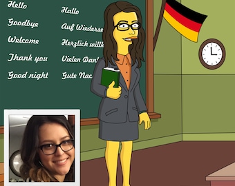 German Teacher Gift - Custom Portrait as Yellow Cartoon Character / German professor gift