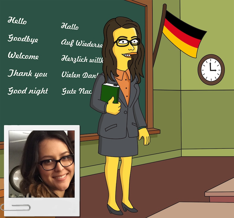 German Teacher Gift Custom Portrait as Yellow Cartoon Character / German professor gift image 1